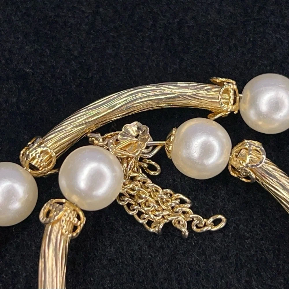 Vintage Gold Plated Wrap Memory Bracelet Tassels Faux Pearl Retro Glam Wedding